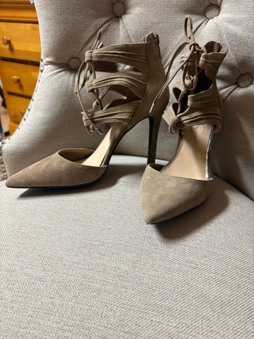 Jessica Simpson Pointed-Toe Suede Lace-Up Heels in Taupe - Picture 3 of 11